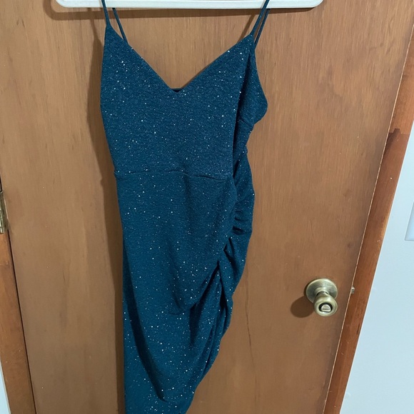 Windsor Dresses & Skirts - Windsor Teal Sparkle Midi Slip Dress with Side Ruching